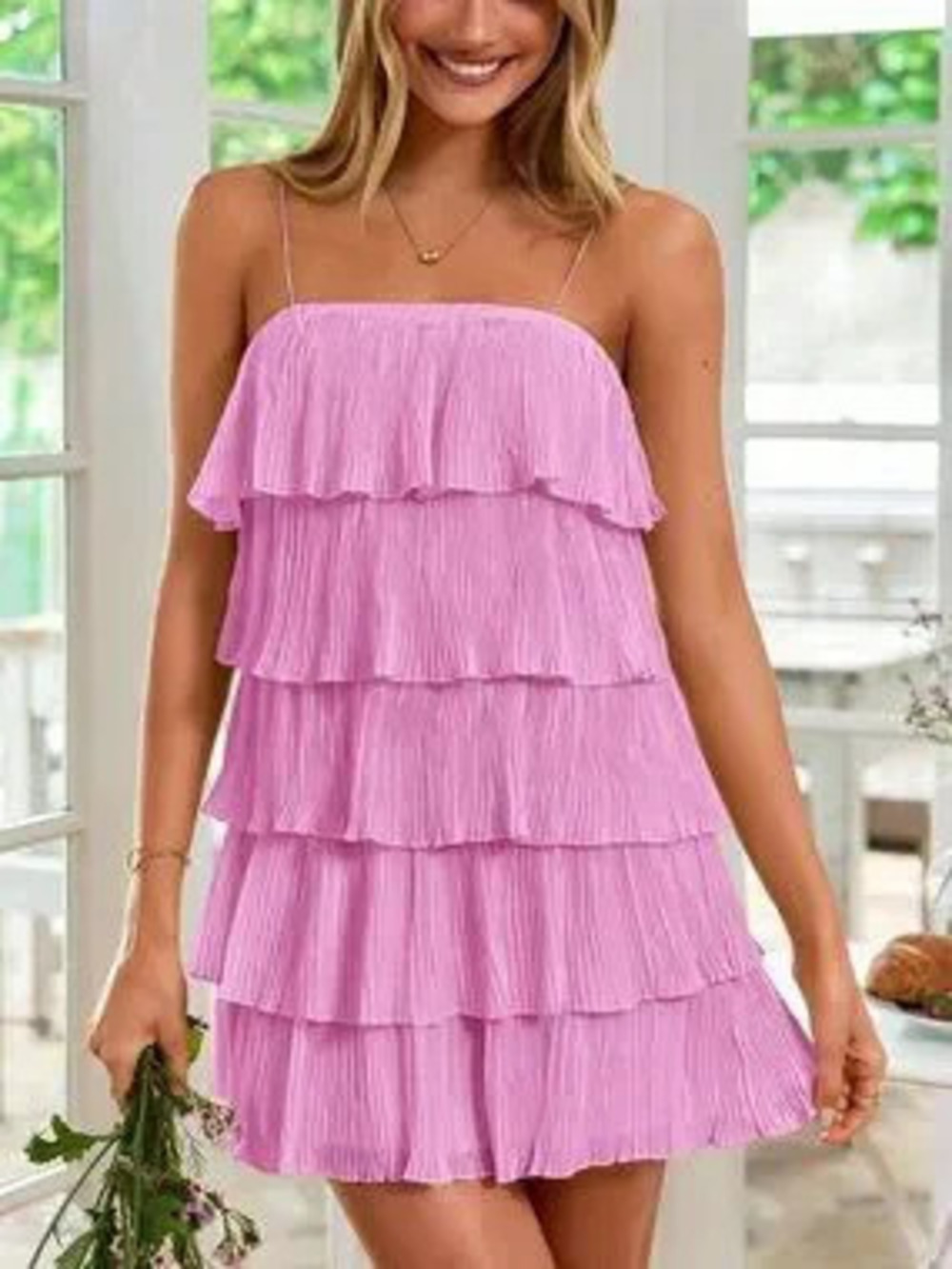 Baby Pink Women's Multi-Layer Ruffled Hem Spaghetti Strap Camisole mini Dress